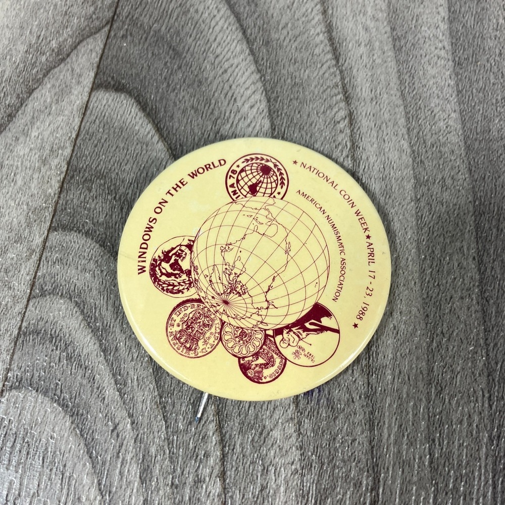 american numismatic association pin button yellow national coin week 1988